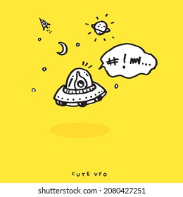 Cute doodle ufo  , Hand drawn of ufo,Hand drawing ufo,  isolated on yellow background. vector illustration 