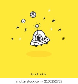 Cute doodle ufo , Hand drawn of ufo,Hand drawing ufo,  isolated on yellow background. vector illustration 