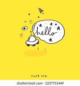 Cute doodle ufo , Hand drawn of ufo,Hand drawing ufo,  isolated on yellow background. vector illustration 