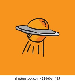 Cute doodle ufo, Hand drawn ufo, isolated on orange background. vector illustration. Eps 10