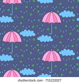 Cute doodle umbrella rain drops clouds leafs colorful seamless vector pattern
