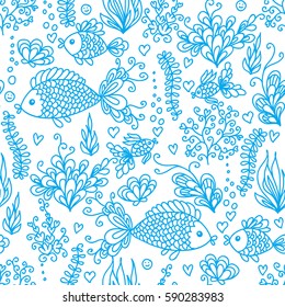 Cute doodle underwater sea or ocean seamless pattern with fishes