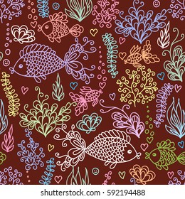 Cute doodle underwater sea or ocean seamless pattern with fishes