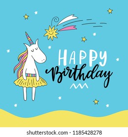 Cute Doodle unicorn birthday card. Vector illustration. Perfect for prints or social media.