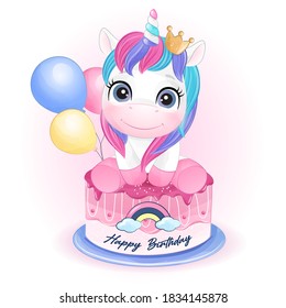 Cute doodle unicorn for birthday with watercolor illustration