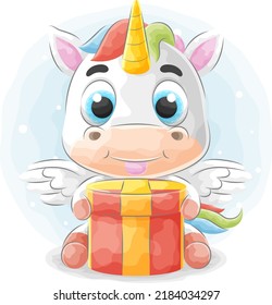 Cute doodle unicorn brings a gift with watercolor illustration