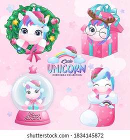 Cute doodle unicorn christmas set with watercolor illustration