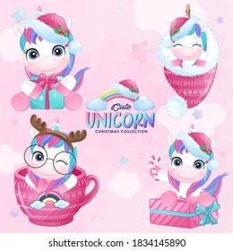 Cute doodle unicorn christmas set with watercolor illustration