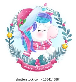 Unicornio de doodle cutáneo para navidad con acuarela