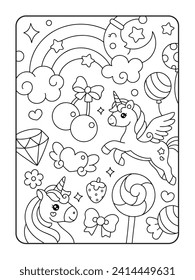 Cute doodle unicorn coloring page