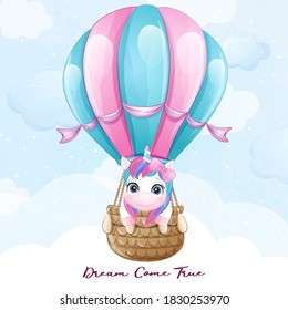 Cute doodle unicorn flying with air balloon illustration