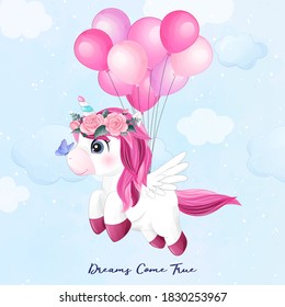 Cute doodle unicorn flying with balloon illustration