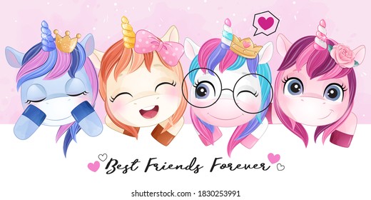 Cute doodle unicorn friends with watercolor illustration