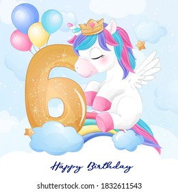 Cute doodle unicorn with numbering illustration