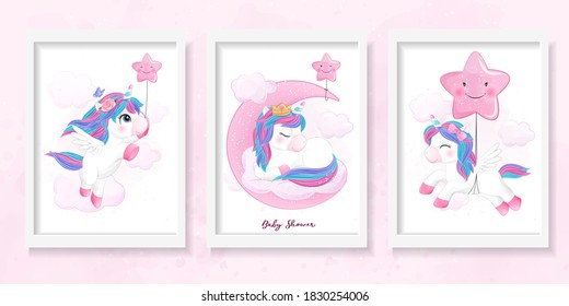 Cute doodle unicorn set for baby shower with watercolor illustration