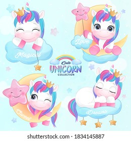 Cute doodle unicorn set with watercolor illustration