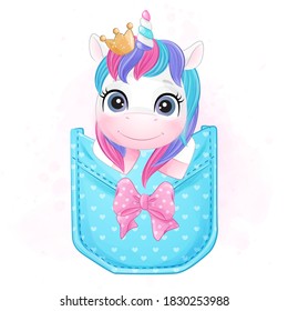 Cute doodle unicorn with watercolor illustration