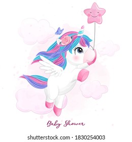 Cute doodle unicorn with watercolor illustration