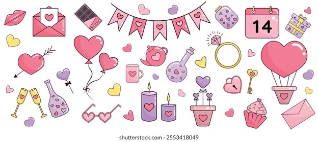 Cute doodle  Valentines day collection. Happy Valentines day set. Cartoon romantic elements: envelopes, baloons, flags, chocolate, bottles, gift, candles,hearts, ring, lips, cupcake, mug, teapot, key.