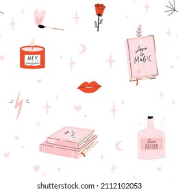 Cute doodle Valentine's day seamless pattern. Sweet design in red, pink colors. Lovely hand drawn cool elements - kiss lips, candle, magic book, love potion. Vector eps