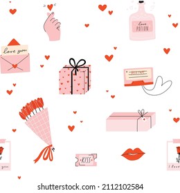 Cute Doodle Valentine's Day Seamless Pattern. Sweet Design In Red, Pink Colors. Lovely Hand Drawn Cool Elements - Gift Box, Bouquet, Love Letter, Kiss, Hearts, Rose, Mix Tape. Vector Eps Background