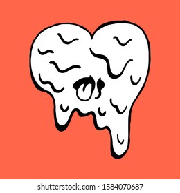 Cute doodle vector black & white illustration dripping heart for Valentines Day greeting cards, stickers, posters and seasonal design. Isolated on red background