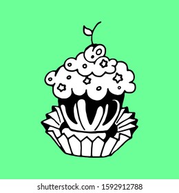 Cute doodle vector black & white illustration cupcake for birthday greeting cards. Isolated on mint background