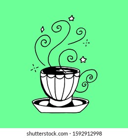 Cute doodle vector black & white llustration cup of tea with magic steam. Isolated on mint background