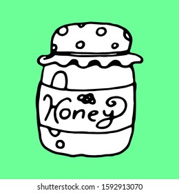 Cute doodle vector black & white illustration jar of honey. Isolated on mint background