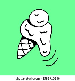 Cute doodle vector black & white illustration ice cream cone. Isolated on mint background