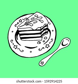 Cute doodle vector black & white illustration peace of cake on plate with spoon for birthday greeting cards. Isolated on mint background