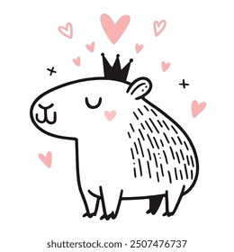Cute doodle vector capybara with a crown surrounded by hearts, valentines love illustration
