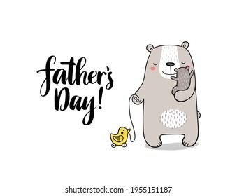 Cute doodle vector father bear with little bear and toy. Happy fathers day illustration for gift cards, fashion, presents and others