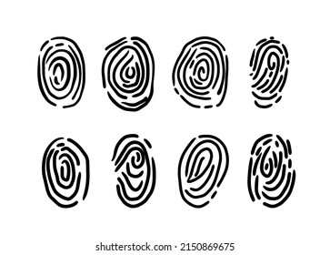 Juego de huellas dactilares vectoriales de doodle. Identificación del trabajo de detective de la policía biométrica. Seguridad personal de privacidad de contraseña