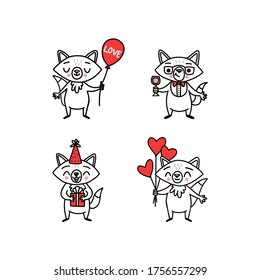 Cute doodle vector foxes with drink and in birthday hat for holidays and party stickers. Funny animals cartoon character