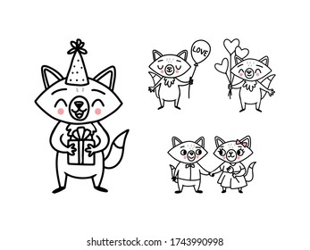 Cute doodle vector foxes with heart balloons, a gift box, a bouquet and a couple in love for holidays