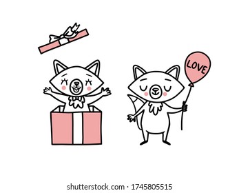 Cute doodle vector foxes with heart balloons, a gift box for holidays. Funny animals cartoon character