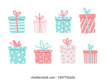 Cute doodle vector illustration with gift boxes set. Pink and blue pastel colour. Elements for greeting cards, poster, banner, your own design concept. Hearts, stars, lines and circles