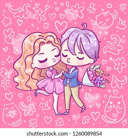 Cute doodle vector illustration. Kawaii Anime girl and boy . Big eyes. Use for postcards, print on clothes or other things. Happy valentine s day