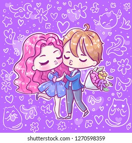 Cute doodle vector illustration. Kawaii Anime girl and boy . Big eyes. Use for postcards, print on clothes or other things. Happy valentine s day