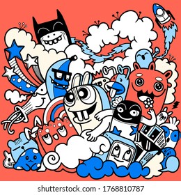 Cute Doodle Vector ilustración Doodle set de monstruos graciosos