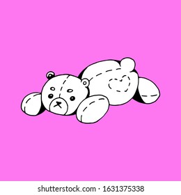 Cute doodle vector illustration teddy bear with heart shaped seam. Isolated on pink background