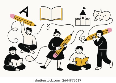 Cute doodle vector of kids reading, writing, and learning with giant pencils. Perfect for educational designs, children’s books, and literacy content.