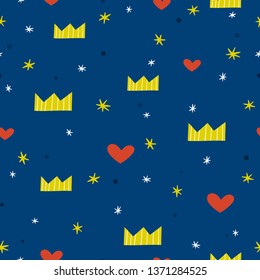 Cute doodle vector pattern with crown, hearts and stars. Dark blue background.
