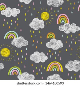 Cute doodle vector pattern with rainbows and clouds. Sky seamless background with hand drawn weather icons. Chalkboard style.