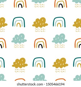 Cute doodle vector pattern with rainbows and clouds. Sky seamless background. Creative scandinavian kids texture for fabric, wrapping, textile, wallpaper, apparel. Vector illustration