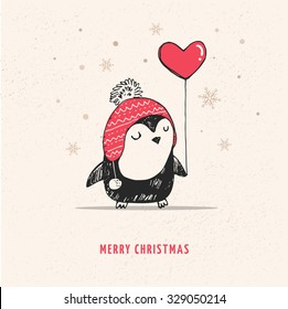 Cute doodle vector penguin with red heart balloon - Merry Christmas 