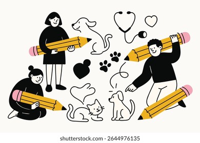 Cute doodle vector of people caring for cats and dogs with giant pencils. Great for pet care, veterinary themes, animal love, and educational pet content.