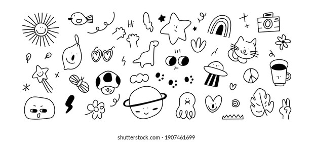 Cute doodle vector set. kids icon design with monster, dog, ufo, star, food and plant. Vector illustration.