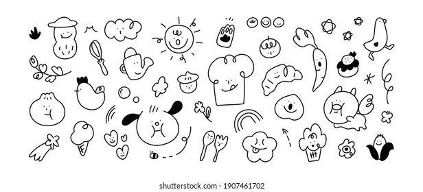 Cute doodle vector set. kids icon design with monster, dog, ufo, star, food and plant. Vector illustration.